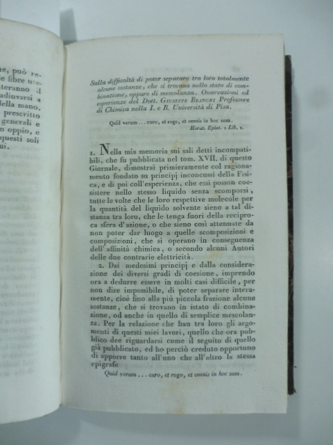 Sulla difficoltà di poter separare totalmente alcune sostanze che si trovano nello stato di combinazione oppure di mescolanza. Osservazioni del D. Giuseppe Branchi...(Stralcio da: Nuovo giornale de' letterati. N. 49. 1830)